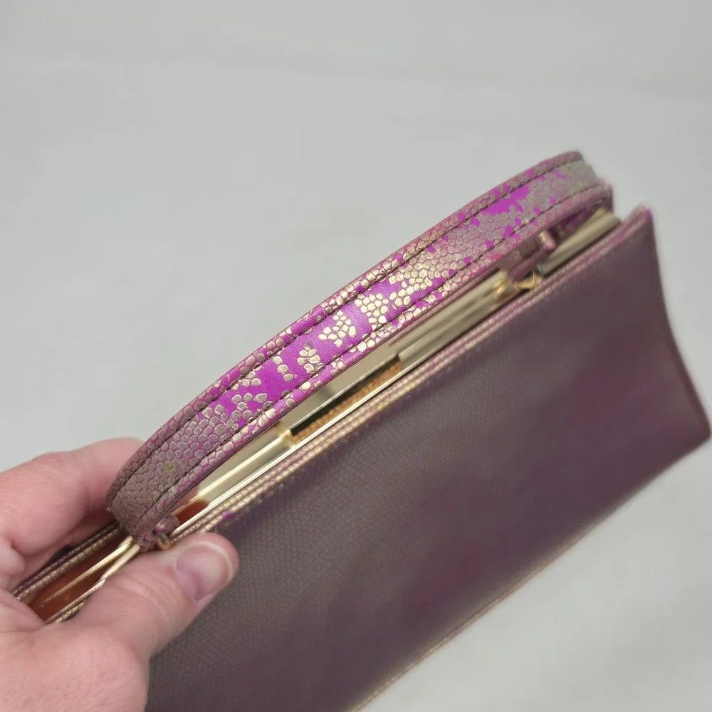 Carlos Santana Metallic Gold‎ Purple Snakeskin Embossed Frame Clutch Handbag